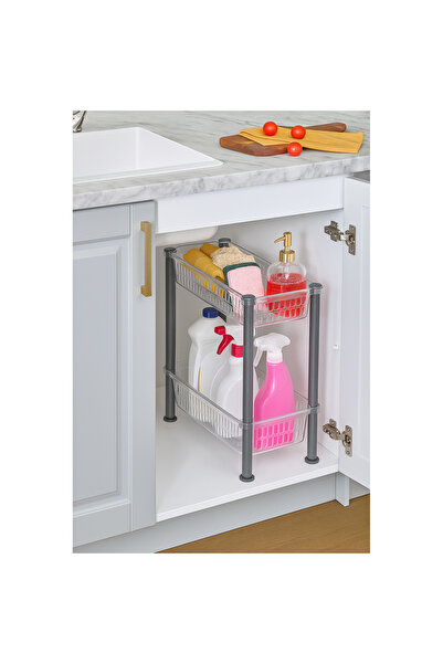 Köken Organizator cu două niveluri pentru sub chiuvetă, raft de depozitare pentru bucătărie/baie, subțire, plastic transparent/gri