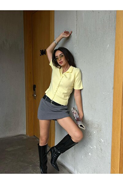 minaaise Women's Yellow Short-Sleeved Imported Yarn Buttoned Knit Sweater 7010