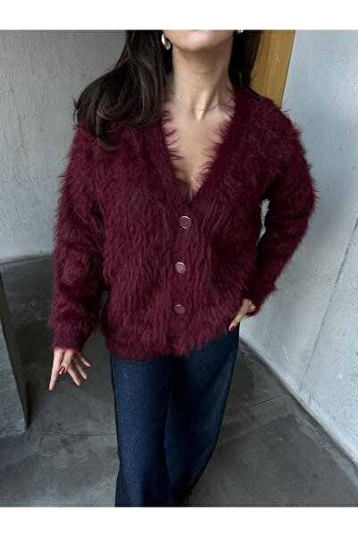 minaaise Women's Burgundy Plush Oversize Knit Cardigan 91