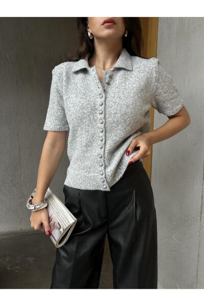 minaaise Women's Gray Short-Sleeved Imported Yarn Buttoned Knit Sweater 7010