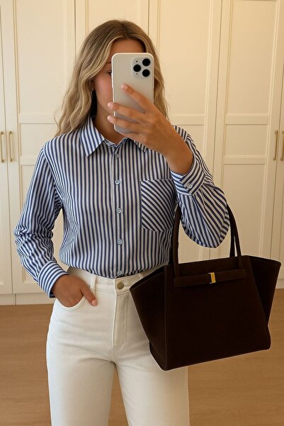 Flow Mavi Çizgili Oversize Gömlek