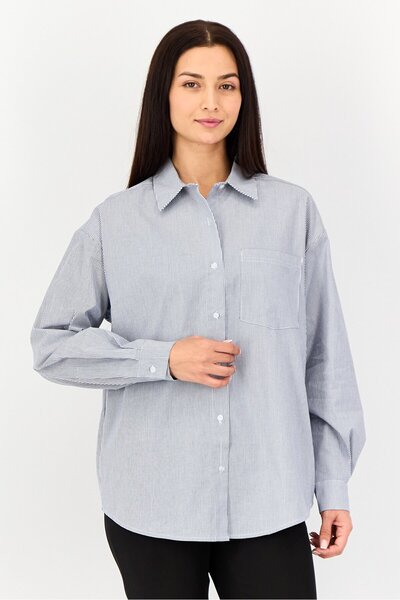 Forever 21 Women Spread Collar Long Sleeve Stripe Shirt, Multicolor