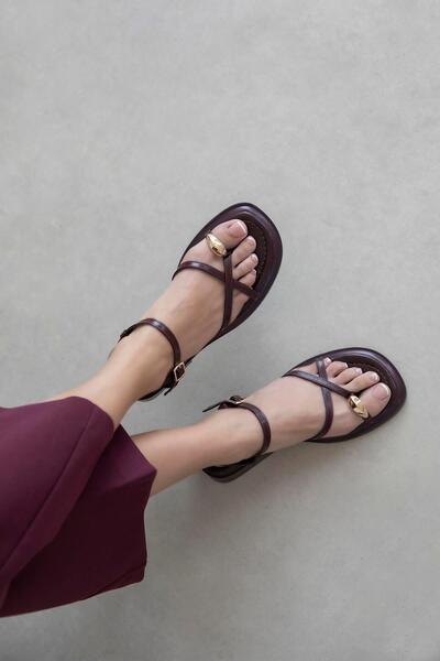 leopar by çetinay 938 Bella Gold Bella |   Women's Brown Skin Gold Ring Detailed Comfortable Flat Sandals