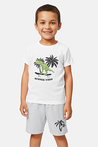 Sinsay Kids Boy 3 pc Graphic Print T-shirt And Shorts, White/Lime Green/Grey