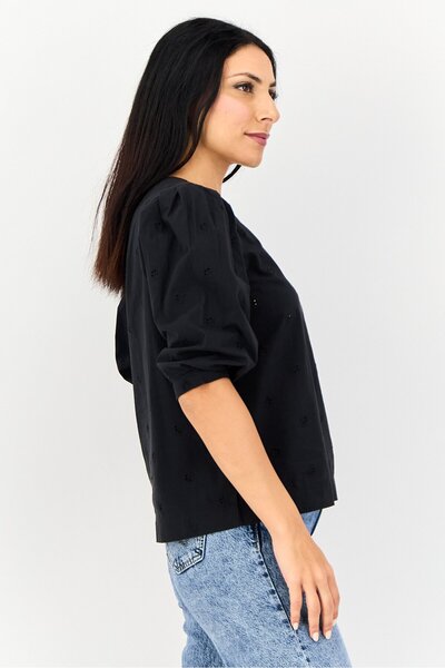 Levi's Women Round Neck Short Sleeve Textured Shirt, Black