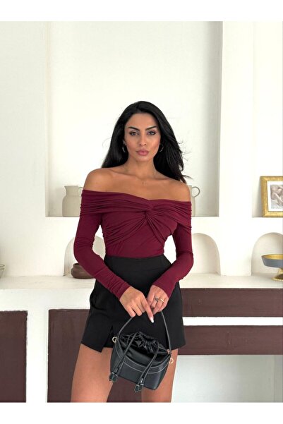 REELMODA Women's Burgundy Madonna Collar with Knot Detail on the Front Long Sleeve Stylish Sendy Blouse