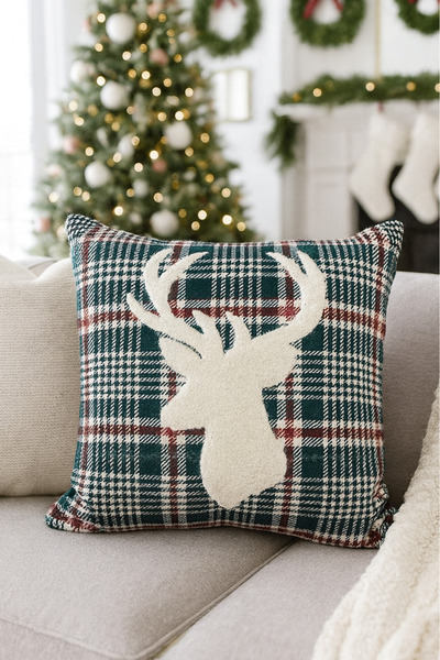 Pilloveland Punch Nakışlı Kırlent Kılıfı - 43*43 Cm - Yeşil Ekose Geyik - PNK001
