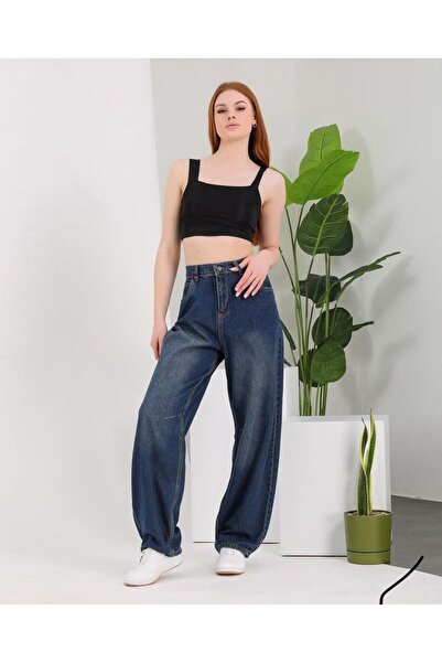 TAANFASHİON Kadın mavi ters dikişli kemer detaylı pantolon