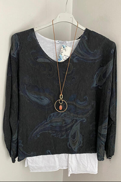 AYASOFYA OTANTIK بلوزة نسائية إيطالية سوداء من القطن الممشط مع نقش وقلادة بدو...