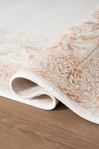 Karmen Halı İndigo ID004T Krem Bej Klasik Çerçeveli Desen Akrilik İplik Tozuaz Pamuk Taban Salon Mutfak Halısı