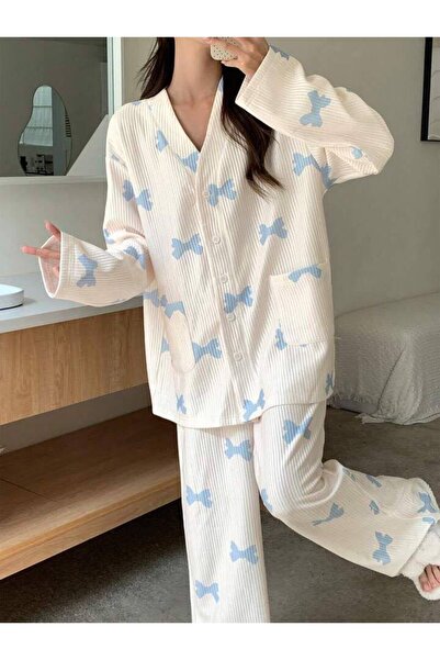 AURASTİL Women's Long Sleeve Buttoned Blue Ribbon Camisole Pajama Set Yuka