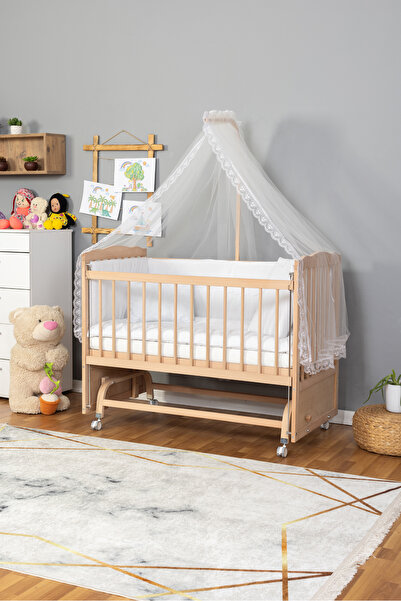 BamgidooMobilya Doğal Ahşap Beşik Anne Yanı Sallanır 70X130 - Güpürlü Uyku Seti +Cibinlik