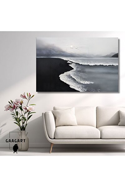 GAAGART Tekli Yatay Kanvas Yağlı Boya Görünümlü Gri Siyah Beyaz Deniz Manzarası
