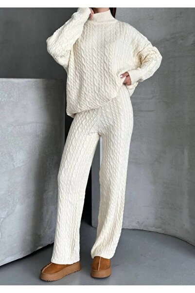 Hazinedan Women's Knitwear Hair-Braided Triple Scarf Pants Sweater Set