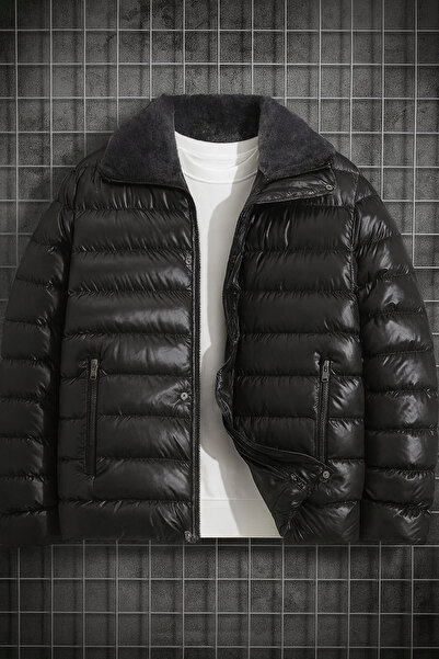 TREND KOMBİN Ανδρικό μαύρο αδιάβροχο και αντιανεμικό πουπουλένιο παλτό με γούνινο γιακά