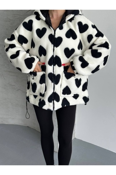 Hazinedan Kadın Kalp Desenli Kapüşonlu Fermuarlı Polar Mont