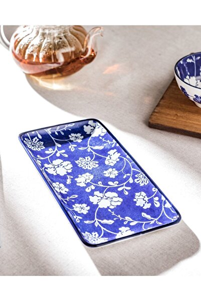 Madame Coco BPA Free Rêve Bleu Rennes New Bone China Dikdörtgen Tabak Mavi Kayık Tabak 22 x 12 Çiçekli 1 Dikdör