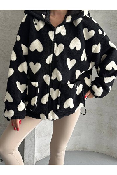 Hazinedan Kadın Kalp Desenli Kapüşonlu Fermuarlı Polar Mont