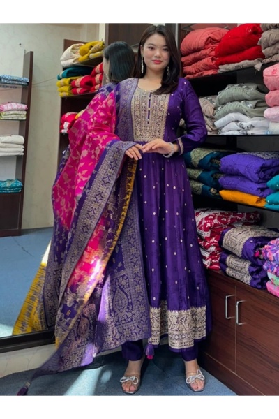 MYSMAR فستان زاري حريري بنفسجي من قماش الموز - HRT2311 | بنفسجي