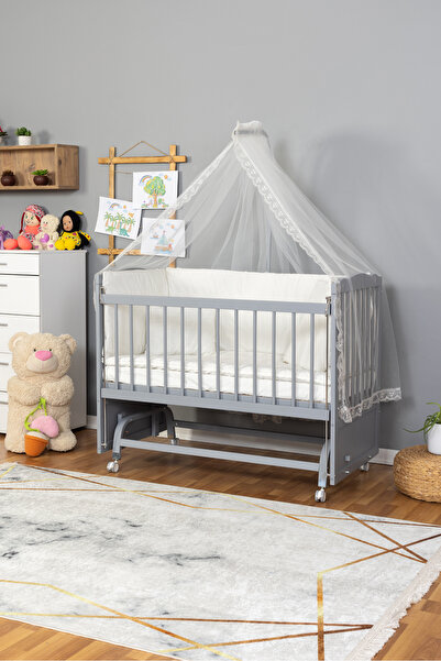 BamgidooMobilya Doğal Ahşap Beşik Anne Yanı Sallanır 70X130 - Güpürlü Uyku Se...