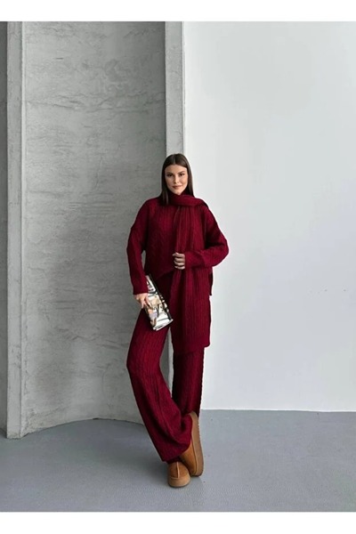 Hazinedan Women's Knitwear Hair-Braided Triple Scarf Pants Sweater Set