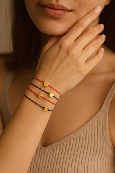 invictus design Kadın 4'lü Siyah Kırmızı Ayarlanabilir Gold Kalpli Yıldızlı H...