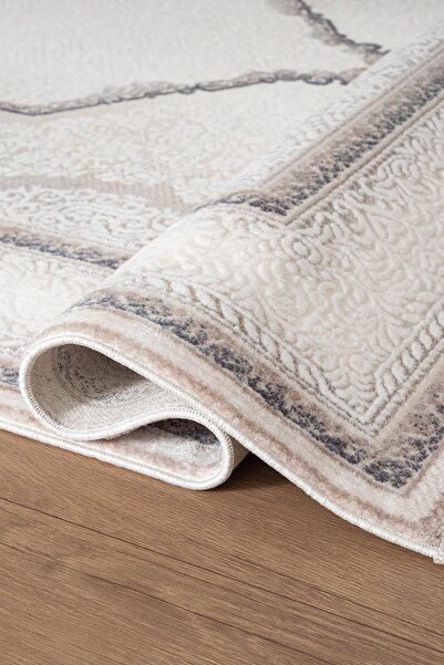 Karmen Halı İndigo ID001M Krem Mavi Klasik Çerçeveli Desen Akrilik İplik Tozu...