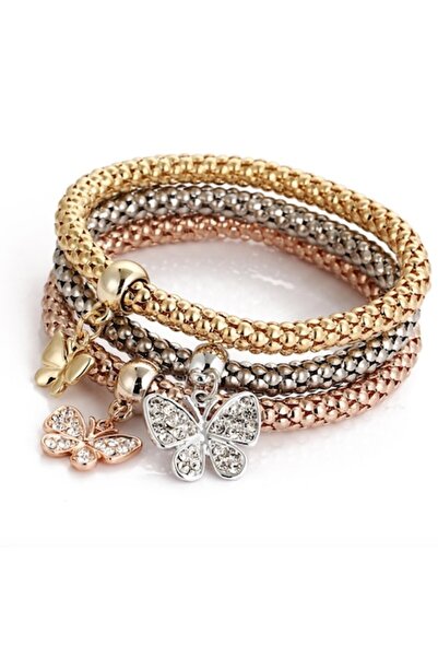 Tessero Set de 3 brățări cu pandantive fluture, placate cu aur de 14K,