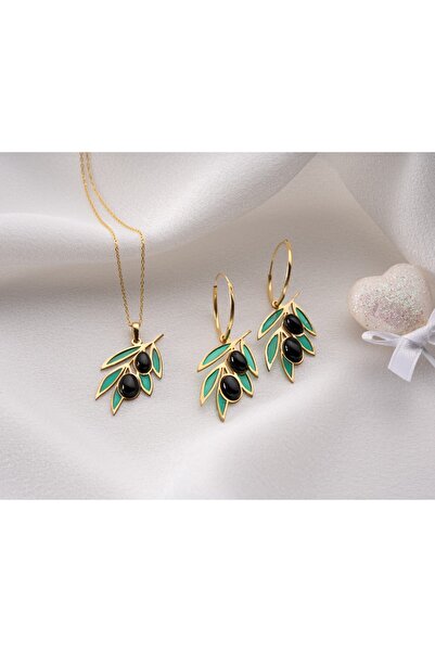 Papatya Silver 925 Ayar onix taşlı zeytin küpe kolye set.rose.gold.rodaj