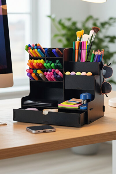 Simux منظم خشبي متعدد الأغراض للمكتب مع 10 أدراج - حامل أقلام ومجوهرات ومستحض...