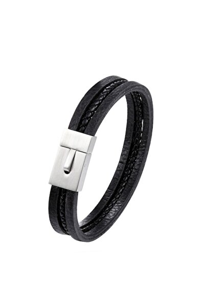 Tessero Elegant men's bracelet made of leather, braided design, button closure, silver and black