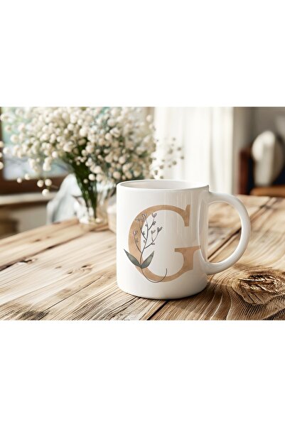 Beramussa G Harfi Gold Renk ve Çiçek Desenli Kupa Bardak - Zarif Harfli Kahve Çay Kupası - Kişiye Özel Hediye
