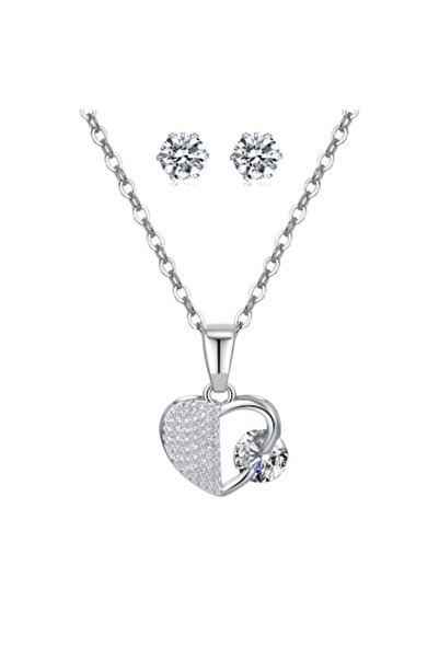 Tessero Jewelry set for women, heart-shaped pendant necklace and earrings, zircon stones, 18K white gold-pla