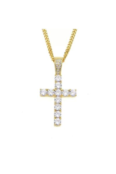 Tessero Colier Hip Hop cu pandantiv cruce, pietre de zirconiu, placat cu aur ...