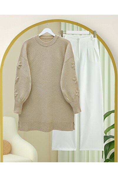 Modamorfo Round Neck Soft Knit Sweater with Handle Flower Detail - Light Mink