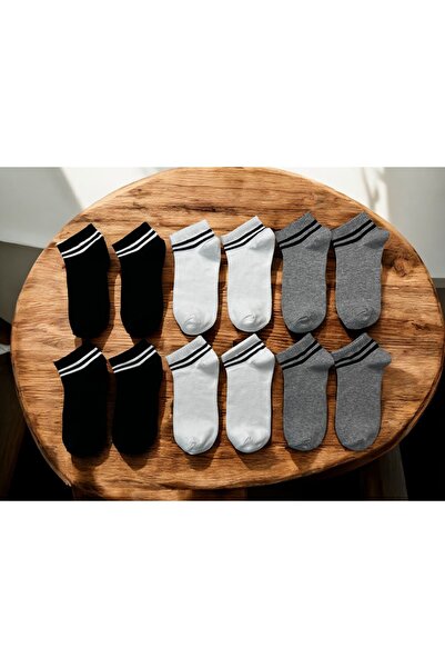 KAYSSOCK Women Men 12-Piece Cotton Striped Booties Socks Set Comfortable Breathable Black White Gray