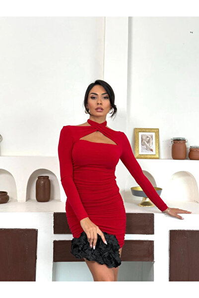 asfamoda Kadın Kırmızı Pencere Detaylı Boyun Geçirmeli Büzgülü Sırt Dekolteli...