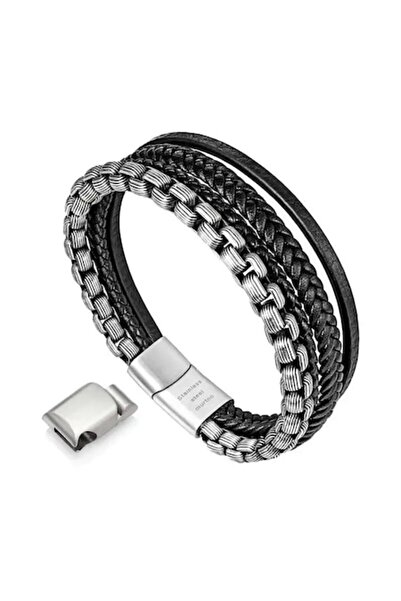 Tessero - Leather Woven Bracelet and Stainless Steel Vintage with Extension, Magnetic Fasten