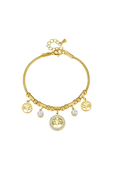 Tessero Bratara de dama model Snake cu charm-uri, copacul vietii, pietre zirconiu, placat cu aur 18K, marime