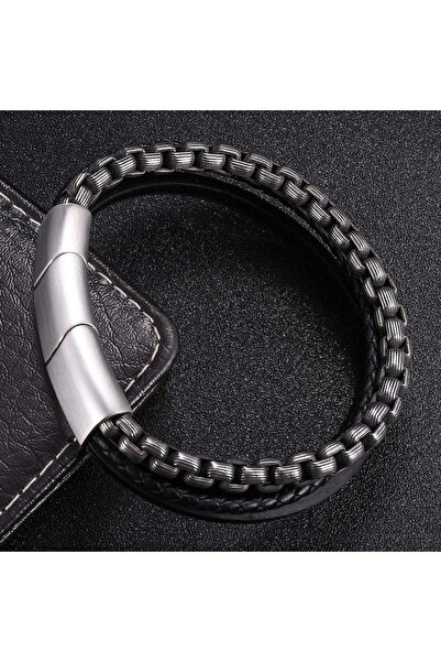Tessero - Leather Woven Bracelet and Stainless Steel Vintage with Extension, Magnetic Fasten