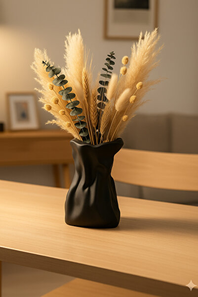 TACTIC Modern Siyah Taş Vazo | Kıvrımlı Torba Tasarım Salon Dekorasyonu (17x11 cm)