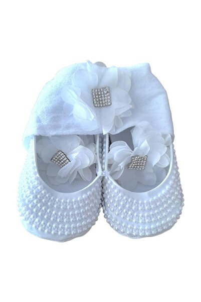 Dumledo Beyaz İncili Saç Bandı ve Patik 2'li Kız Bebek Ayakkabı