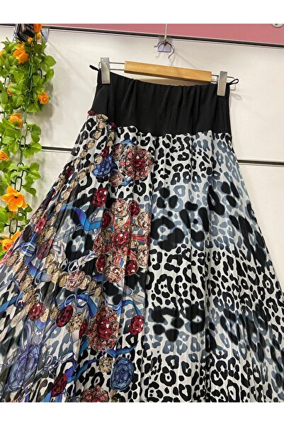 edu collection Patterned Midi Length Chiffon Lined Bell Skirt Length 85 cm