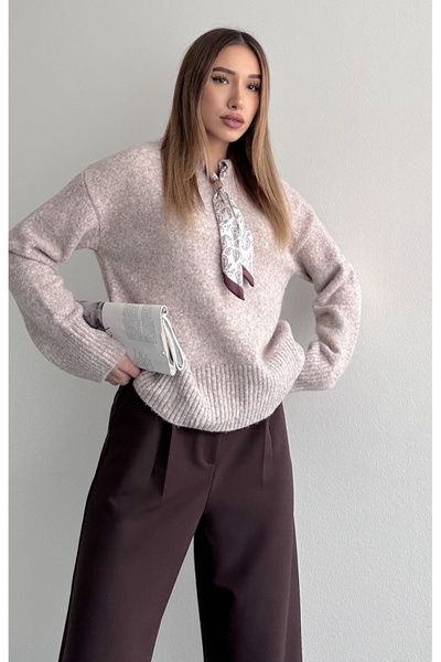 fujya Pulover tricotat cu textura moale cu guler eșarfă