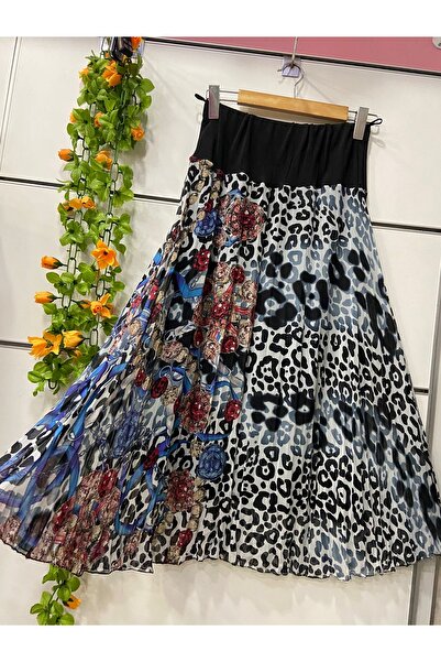 edu collection Patterned Midi Length Chiffon Lined Bell Skirt Length 85 cm