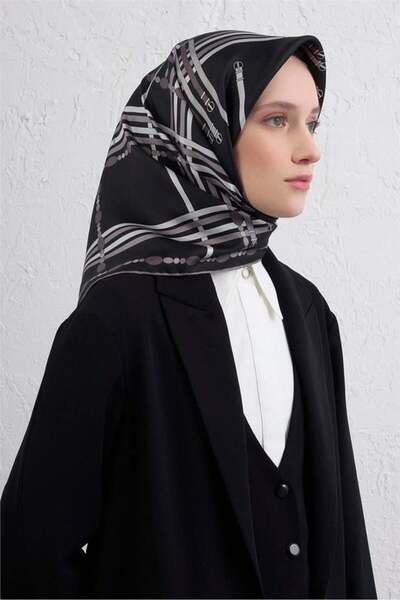 Armine Tivil Saf İpek Eşarp 9407 - 86 Siyah, Gri Karışık Desen