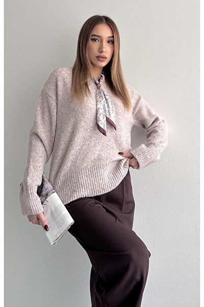 fujya Pulover tricotat cu textura moale cu guler eșarfă