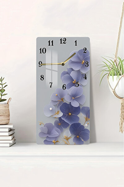 kutuTR Mor Mavi Çiçek Desenli Temperli Cam Tablo Saat – 30x60 cm | Zarafet ve...