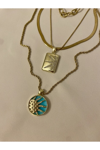 Emira Luxe Accessories Çelik Gold 4'lü Ayarlanabilir Kombin Kolye-Zirkon Taşl...
