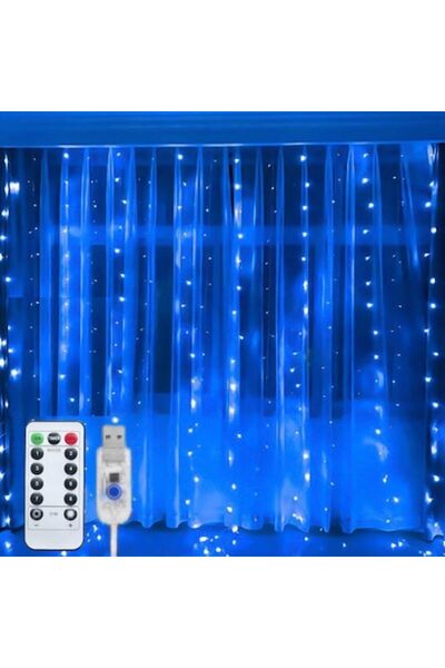 OEM Cortină luminoasă de Crăciun 3x3m, 300LED, 8 programe, cu USB și telecomandă, albastră,